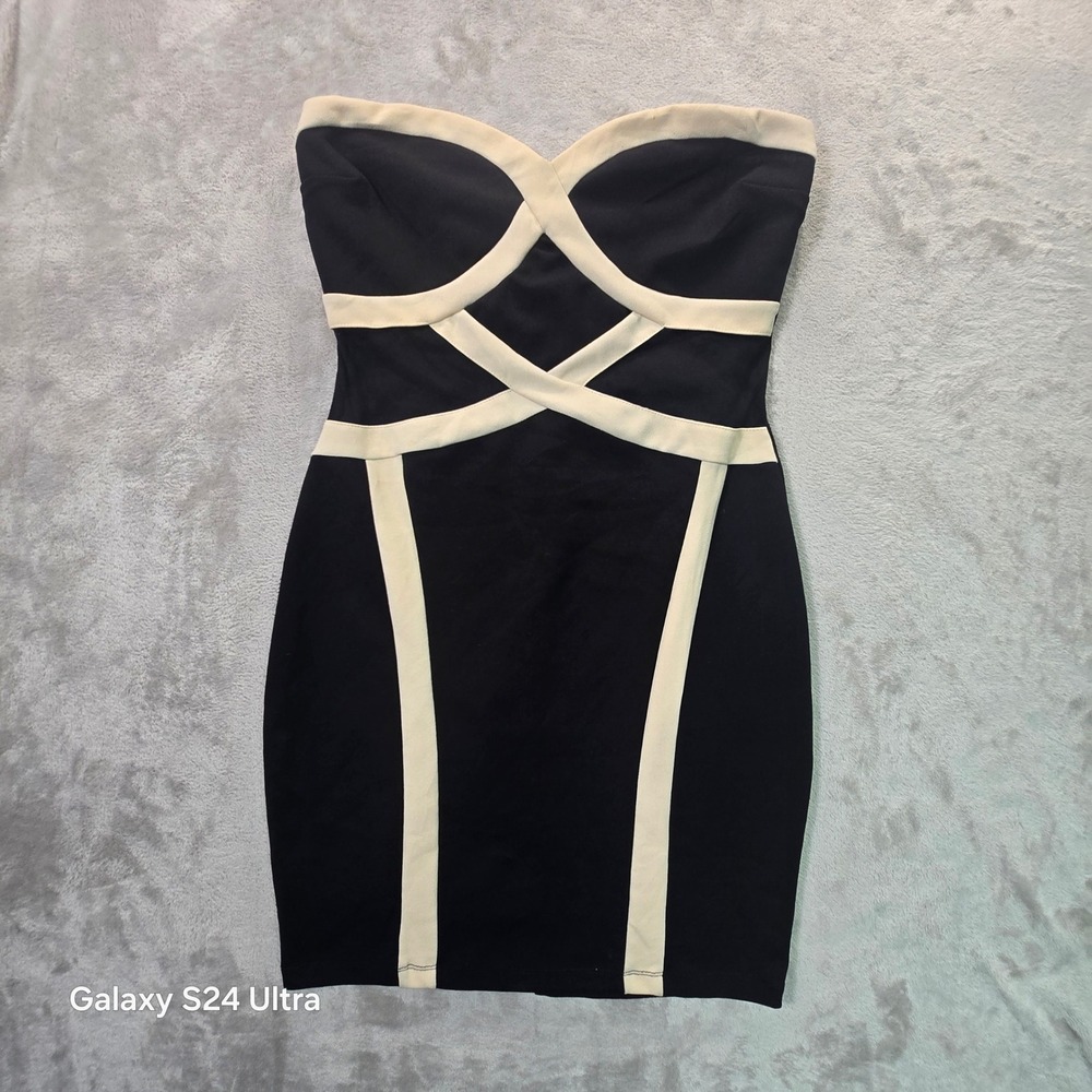Windsor Strapless Bodycon Dress Black Cream Mesh Panel Sweetheart ID-2613V L